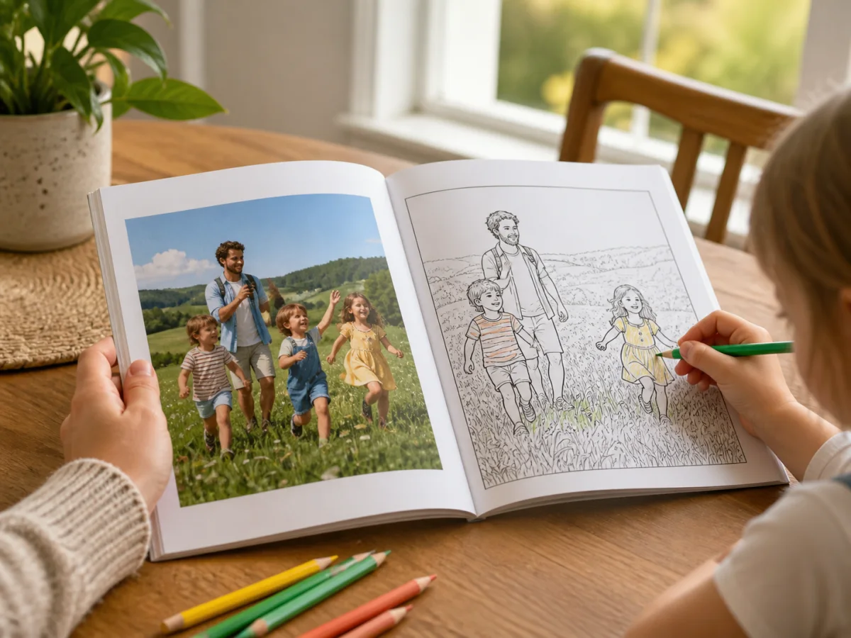 Una foto familiar junto a la misma escena que una página para colorear en un libro.