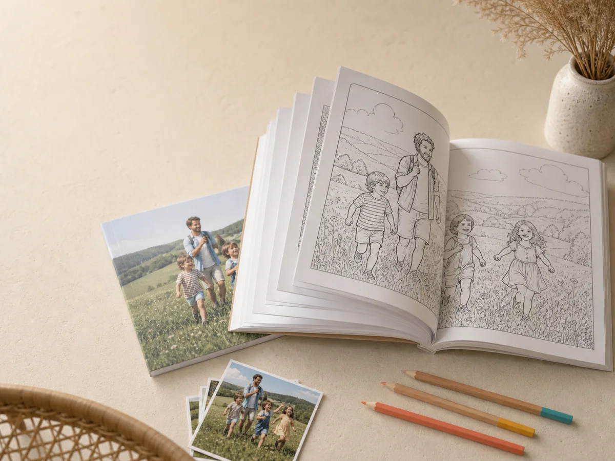 Libro para colorear personalizado con fotografías familiares y dibujos de diez líneas.