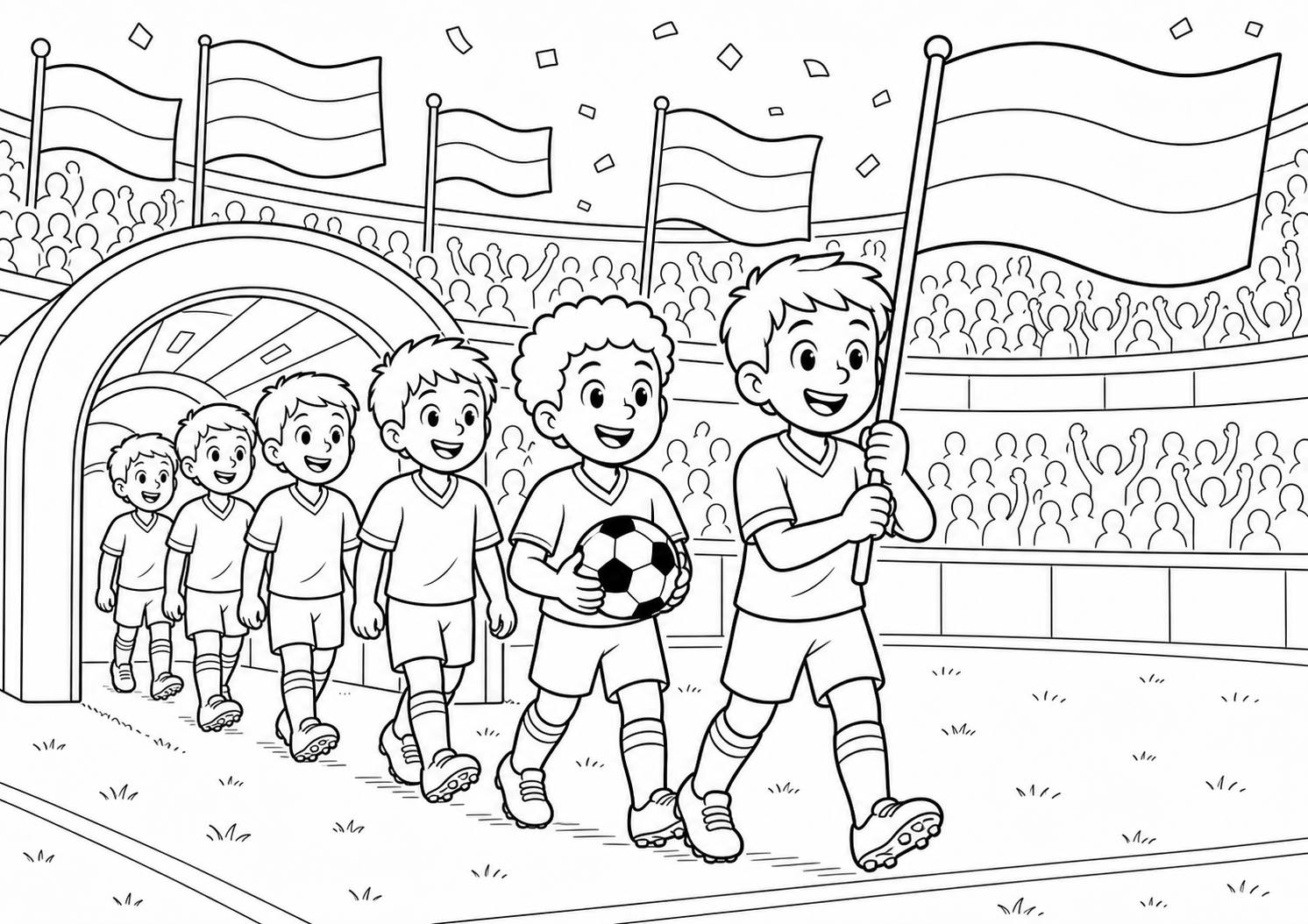Oranje vlaggenparade voor de wedstrijd kleurplaat